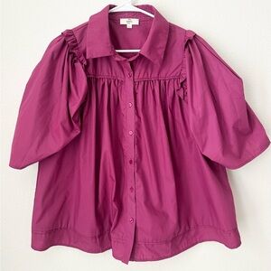 Entro Button Front Collored Puff Sleeve Ruffle Blouse in Fuchsia